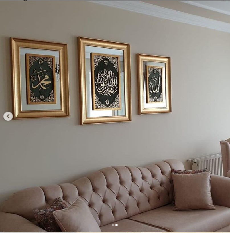 İslami Tablo 3’lü Takım El Yapımı Naht Sanatı Aynalı Dekoratif Çerçeveli 87x63 cm KELİME-İ TEVHİD, 70x52 cm ALLAH(CC)- MUHAMMED(S.A.V.)