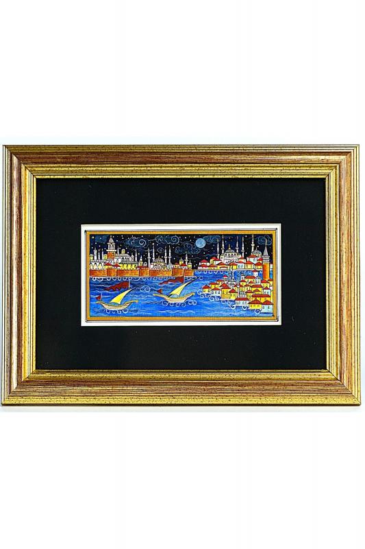 Minyatür 25x30 cm El Yapımı Dekoratif Çerçeveli Topkapı Sarayı ve Kız Kulesi Gece