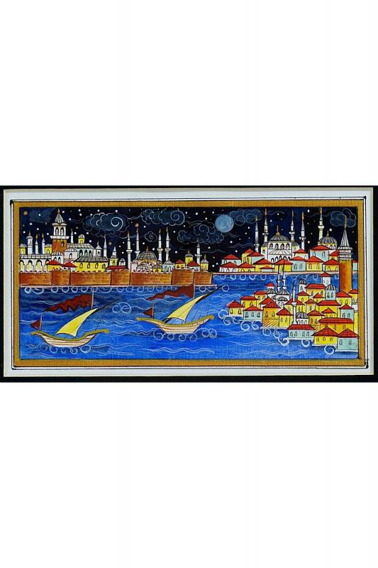 Minyatür 25x30 cm El Yapımı Dekoratif Çerçeveli Topkapı Sarayı ve Kız Kulesi Gece