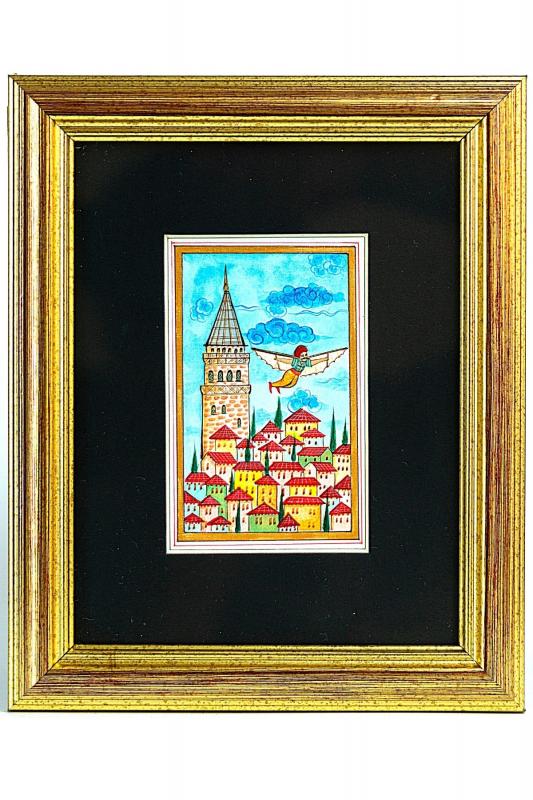 Minyatür 25x20 cm El Yapımı Dekoratif Çerçeveli GALATA KULESİ VE HAZERFEN