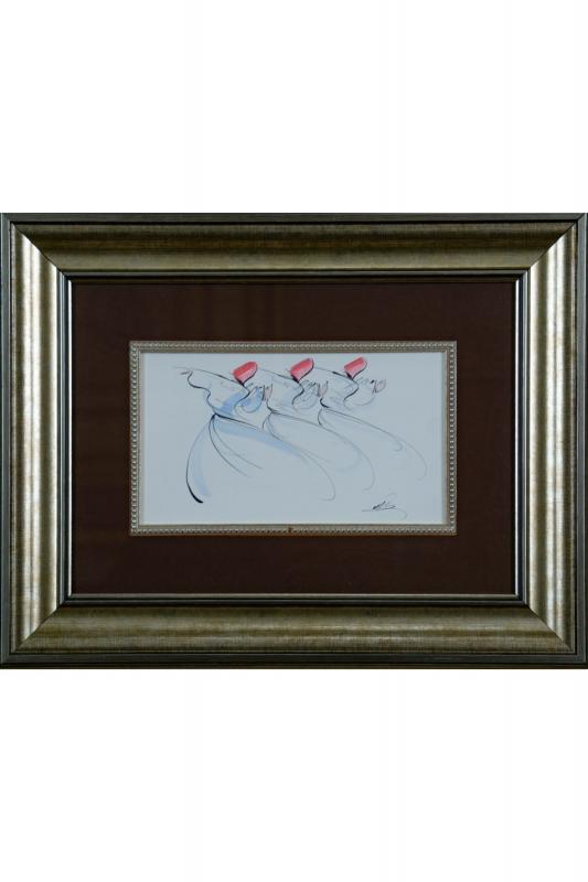 İslami Tablo 34x44 cm Orijinal El Yapımı Dekoratif Çerçeveli 3 lü Semazen Figür