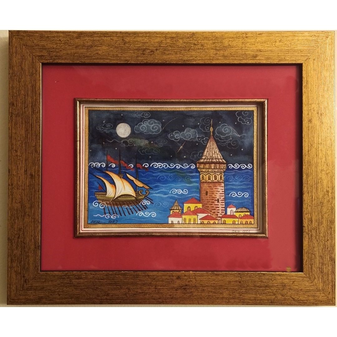 Minyatür 25x30 cm Galata ve Kürekli Gemi (Gece)