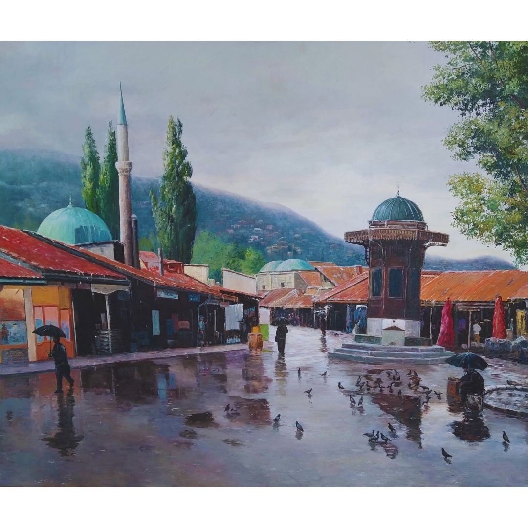 Yağlı Boya Tablo 145X 110 cm Köy Meydanı ve Çeşmesi