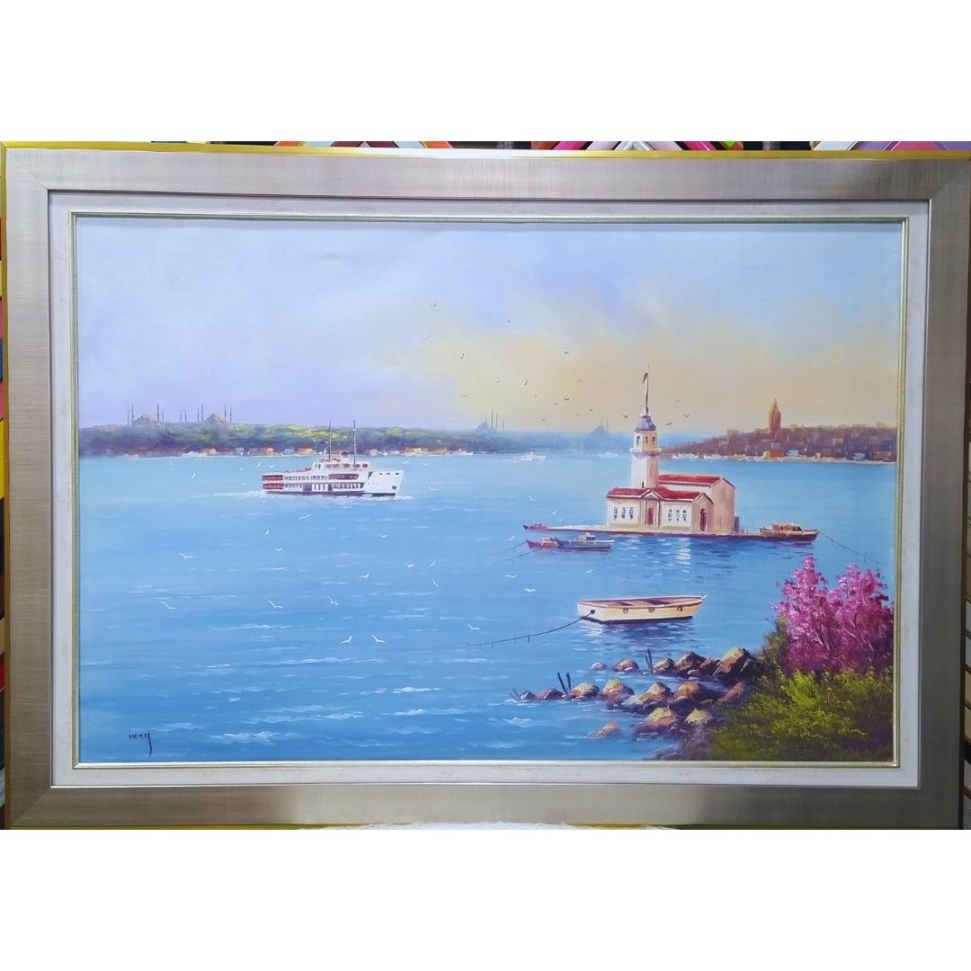 Yağlı Boya Tablo 105X76 cm KızKulesi ve Vapur