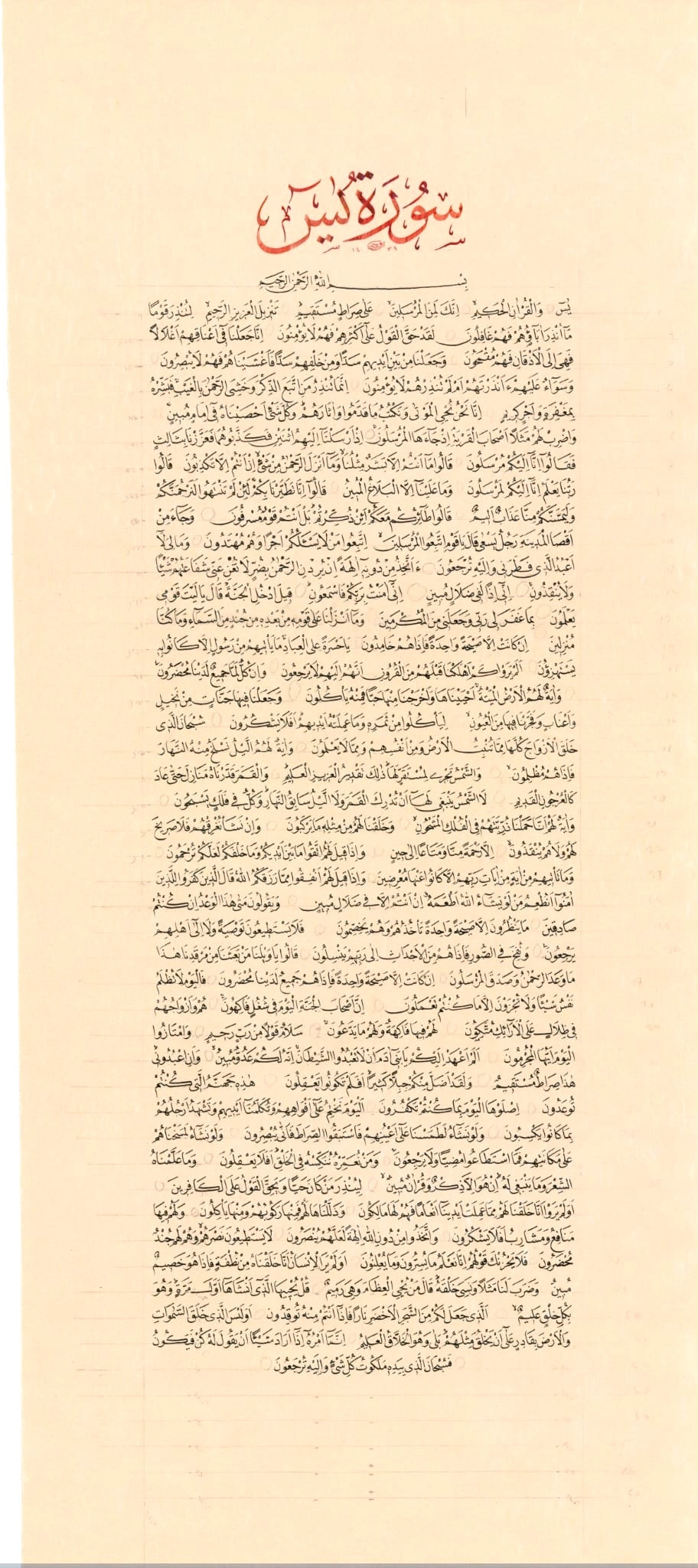 İslami Tablo 50x100 cm Hat Sanatı El Yazması Elif Formunda Yasin Suresi Tamamı